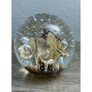 Vintage Joe St. Clair White Flower Glass Paperweight Controlled Bubbles 3" Art